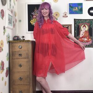 Vintage Red Chiffon Peignoir Robe, 1960s Sheer Accordion Pleat Negligee, Sz S